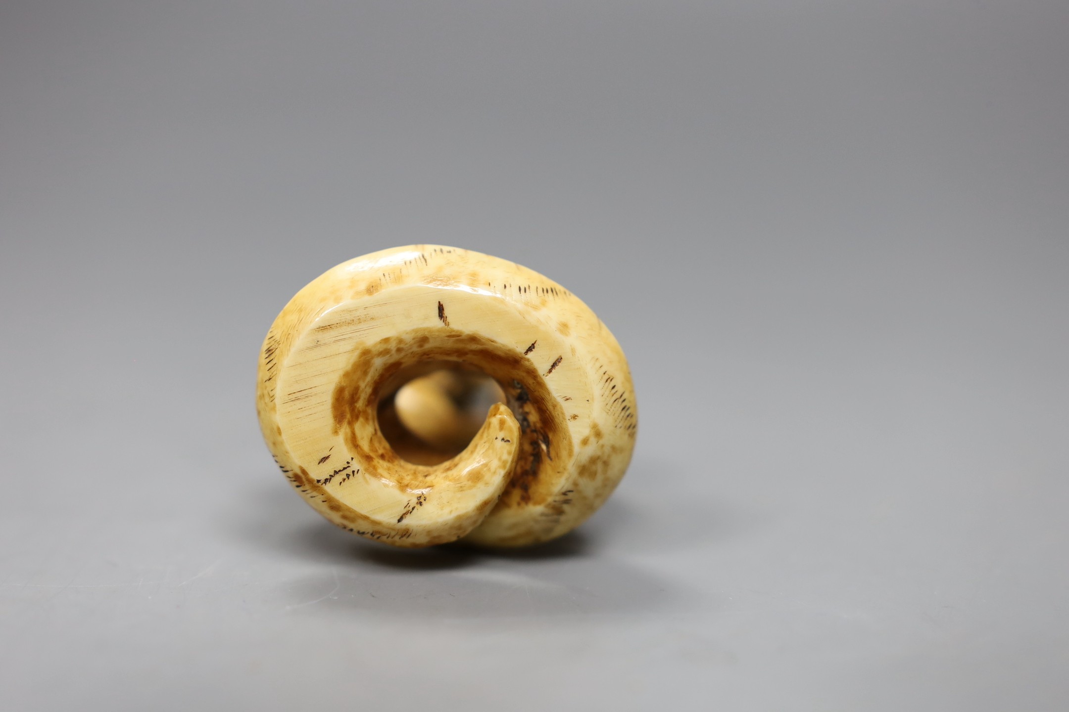 A 19th century native American marine ivory group of a warrior wrestling a snake, 7cm high